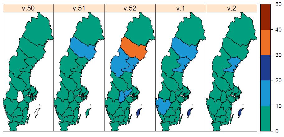 Sida 9 (17) Figur 1C. Andelen laboratorieanalyser positiva för influensa (alla typer) per, denna säsong och tidigare säsonger. Figur 2.