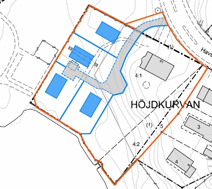 Sida 6 (9) Föreslagen tomtindelning (blå heldragna linjer), föreslagen placering av ny bebyggelse (blå objekt) samt föreslagen ny infart och skaftväg (gråmarkerat område).