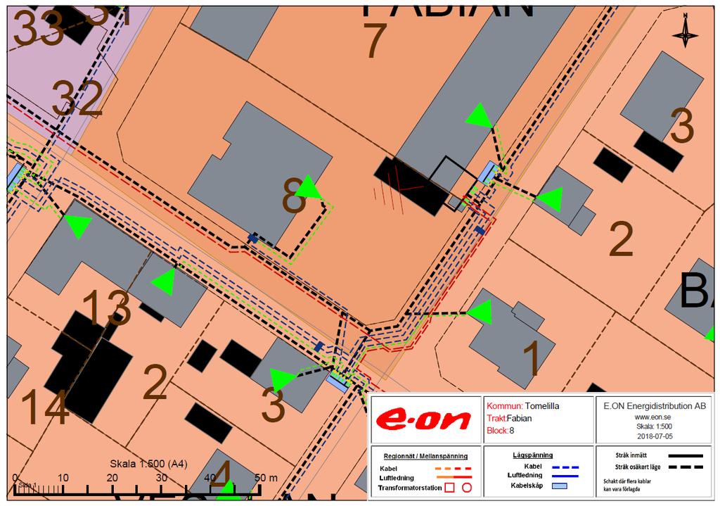 Kablarnas exakta lägen måste säkerställas innan markarbete påbörjas. Kabelvisning beställs kostnadsfritt i fält via vår kundsupport 0771-22 24 24, se även vår hemsida: www.eon.