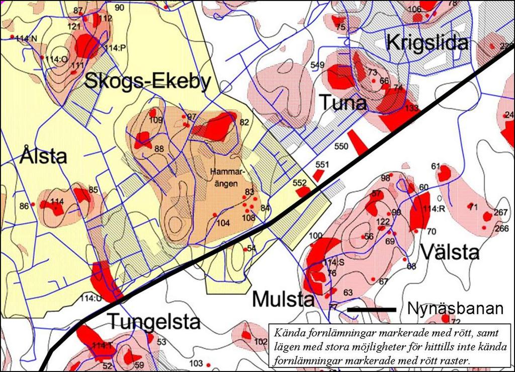 Figur 14 Området Skogs Ekeby Ålsta med kända fornlämningar markerade med rött, samt lägen med stora möjligheter att finna