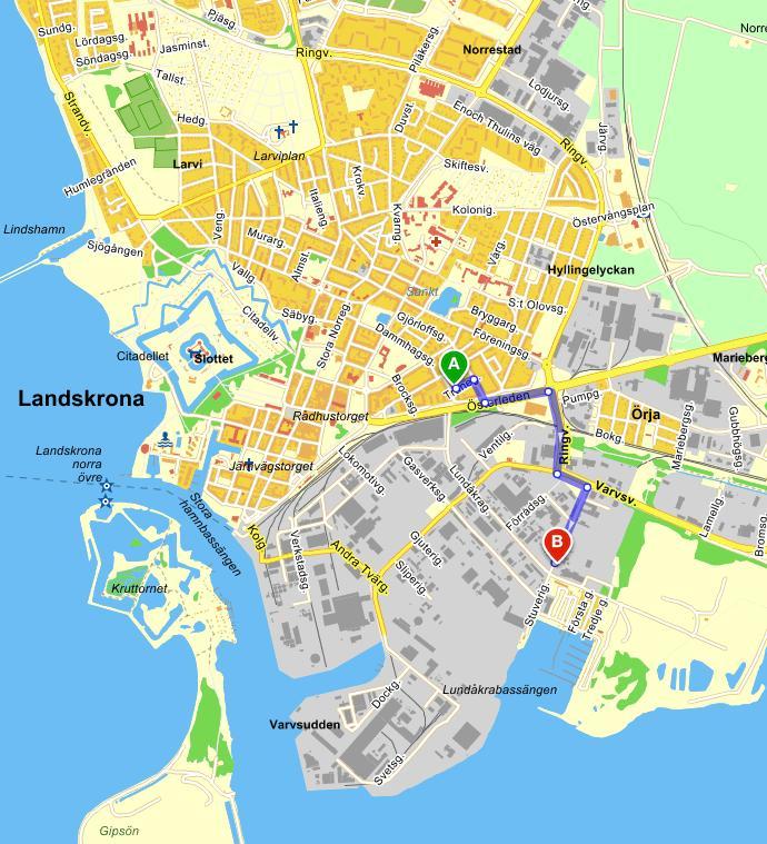 LSR:s återvinningscentral Start: Tranegatan 1, Landskrona Mål: Stuverigatan