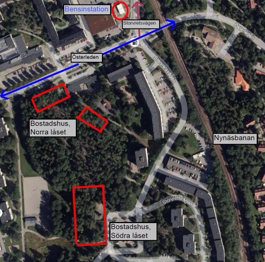 6 (15) Figur 2: Överblick över område samt vägar för transport av bensin/diesel till och från bensinstationen.