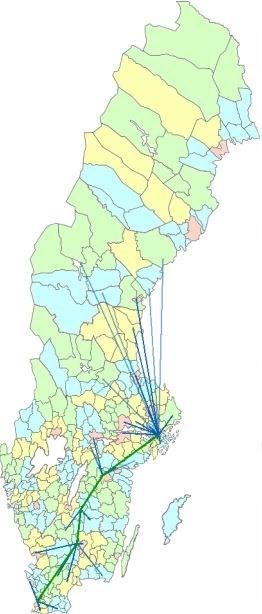 Simuleringar Exempel på simulering av intermodala transportsystem Malmö Stockholm (Årsta) Potentiella flöden för direkttrafik: o Norrut: 1 220 000 ton o Söderut: 412 000 ton o Totalt: 1 632 000 ton