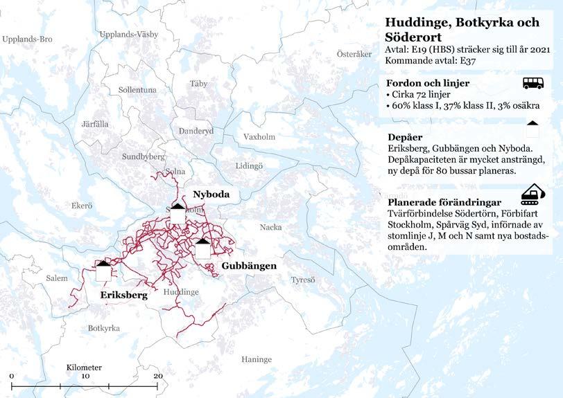 56 (129) 6.11 Avtalsområde Huddinge, Botkyrka och Söderort (E19 HBS, kommande E37) Busstrafiken drivs med 334 bussar och en stor del av trafiken sker i tätbebyggda områden.