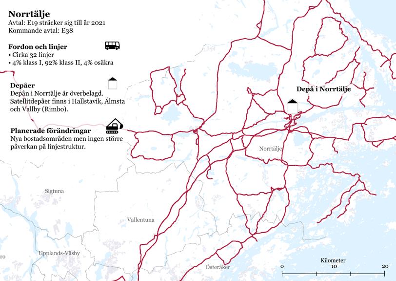 57 (129) 6.12 Avtalsområde Norrtälje (E19 B, kommande E38) Busstrafiken drivs med 111 bussar och området har kommuntrafik, landsbygdslinjer och pendlingstrafik till Stockholm.