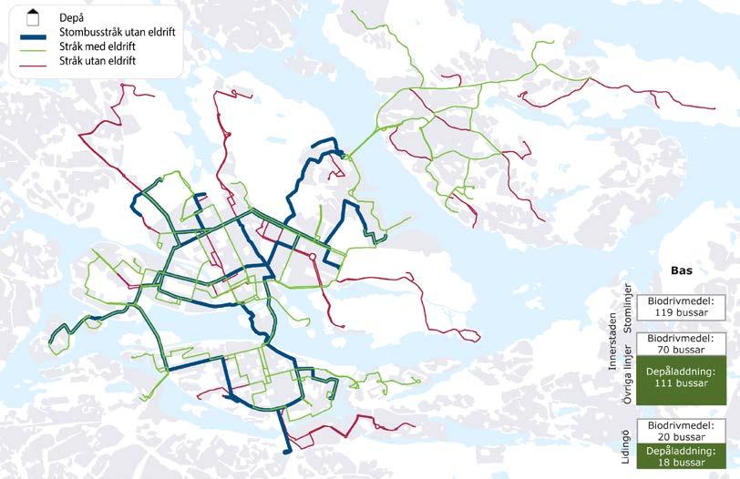 69 (129) 7.4.1 Scenario Bas Scenario Bas innebär att elbussar införs utan att ytterligare fordon krävs för trafiken med röda bussar (busstrafiken exklusive stombusstrafiken).