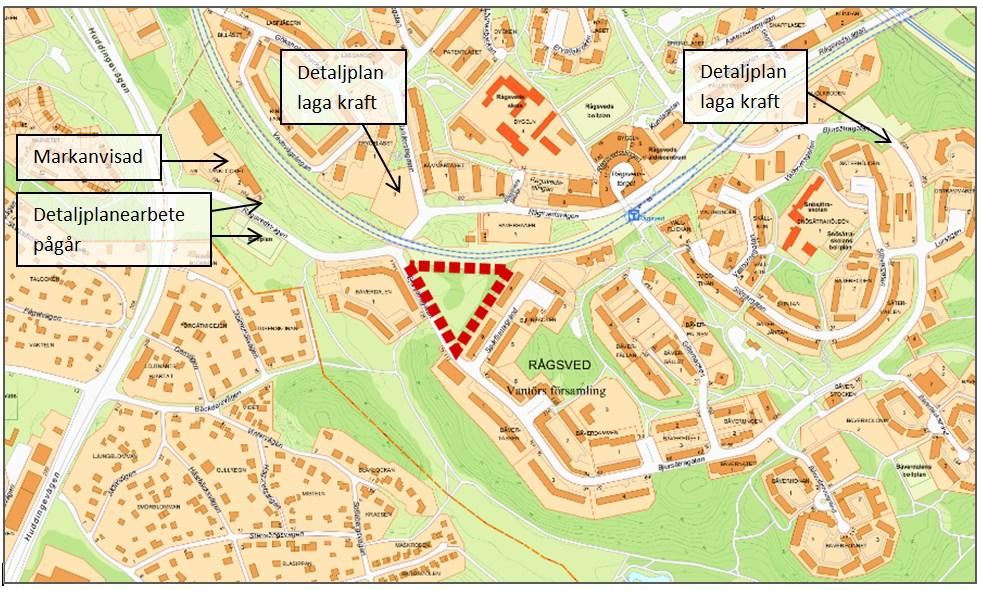 Sida 4 (12) Projektområdets lokalisering vid Bjursätragatan i Rågsved markerad. Rågsveds tunnelbanestation i öst.