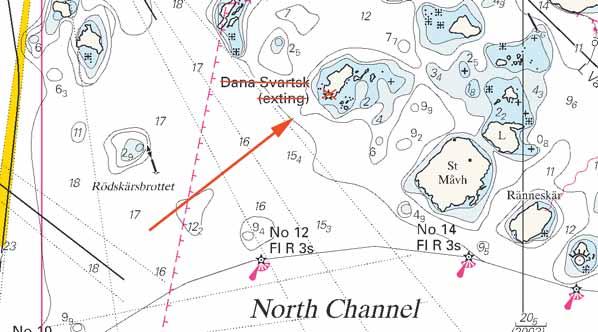 Stryk Fyrsymbol och text: Dana Svartskär (exting) 57-41,12N 11-43,19E Bsp Måseskär - Varberg s13, s14, s15, s31 Sweden. Kattegat.