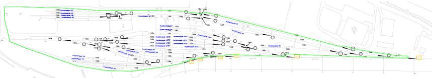 3.2.2 Spåröversikt per anläggning Grön linje markerar Jernhusens infrastruktur. Växlar markeras med nummer i grå cirkel. Anslutningsväxlar mot annans infrastruktur markeras med nummer i orange ruta.