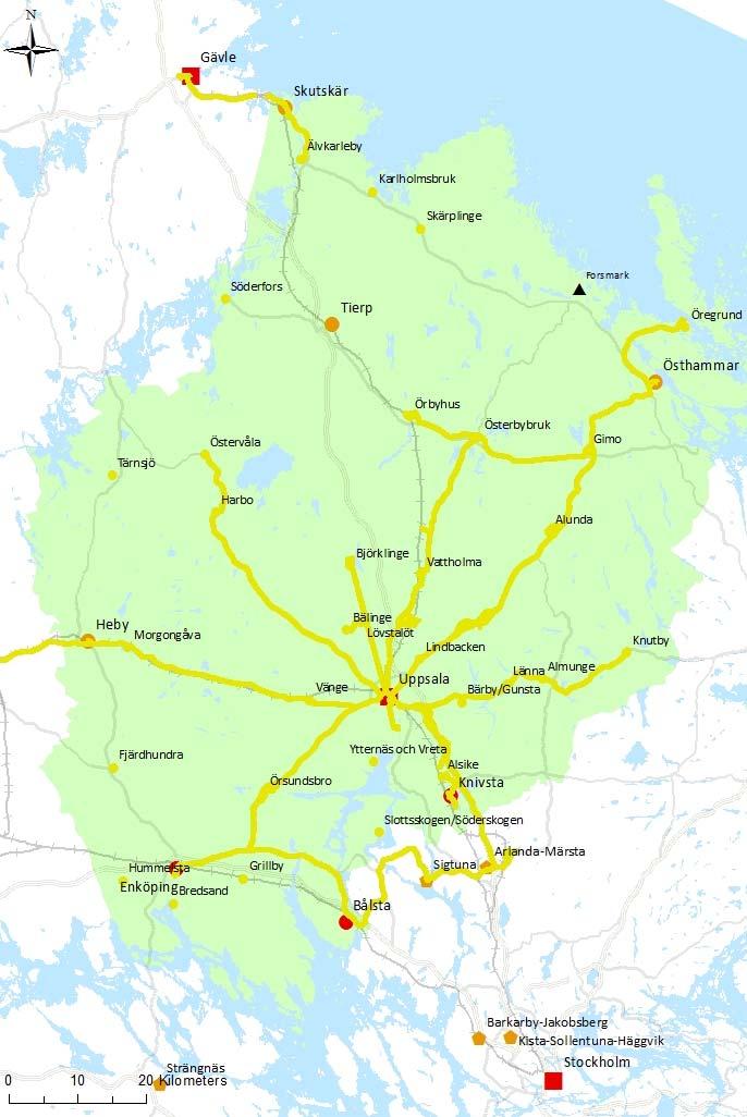 Bilagor Strategi för regionbusstrafik i Uppsala län Linjer med störst utbud Ett delvis annat nät utkristalliserar sig när de linjer kartläggs som, sett till turutbudet, möjliggör ett vardagsresande