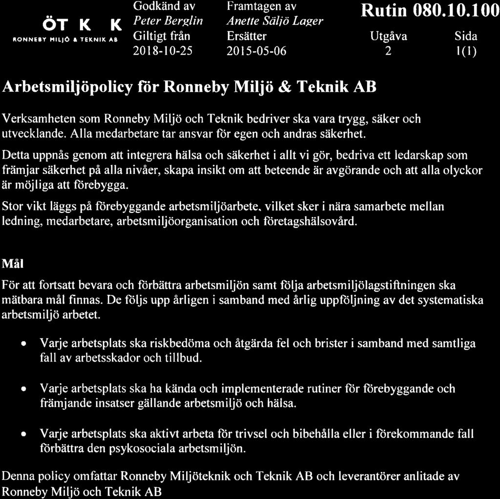 100 Utgåv 2 Sid I ( I ) Arbetsmiljöpolicy ftir Ronneby Miljö & Teknik AB Verksmheten som Ronneby Miljö och Teknik bedriver sk vr trygg, säker och utvecklnde.
