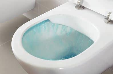 44 Direct Flush toalett Den smutsavstötande ytan fungerar på två sätt: mindre smuts fastnar på grund av att vattnet pärlar sig på ytan och tar med sig smuts och kalk när det rinner av.
