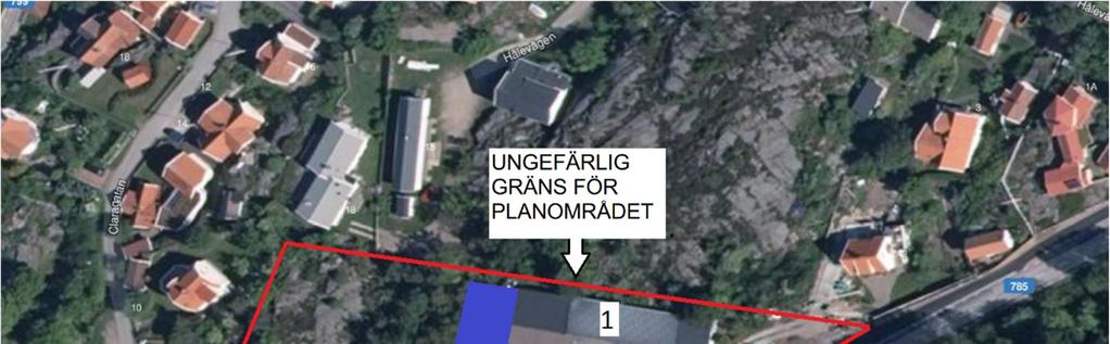 Figur 1 Blå markering visar ytan som föreslås förändras efter exploatering. Röd linje visar ungefärlig planområdesgräns som berörs av fastigheten Vägeröd 1:70.