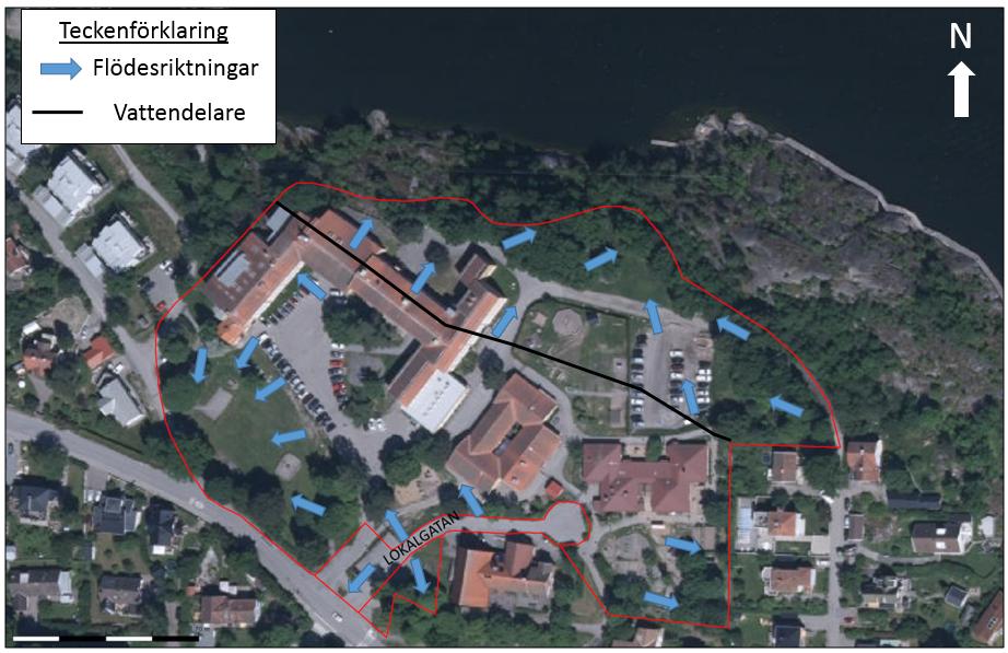 Figur 3. Befintlig avrinning inom planområdet med flödesriktningar 3.3 Befintliga ledningar Dagvatten rinner av till huvudledningsnätet som ligger i Hamngatan som illustreras i Figur 4.