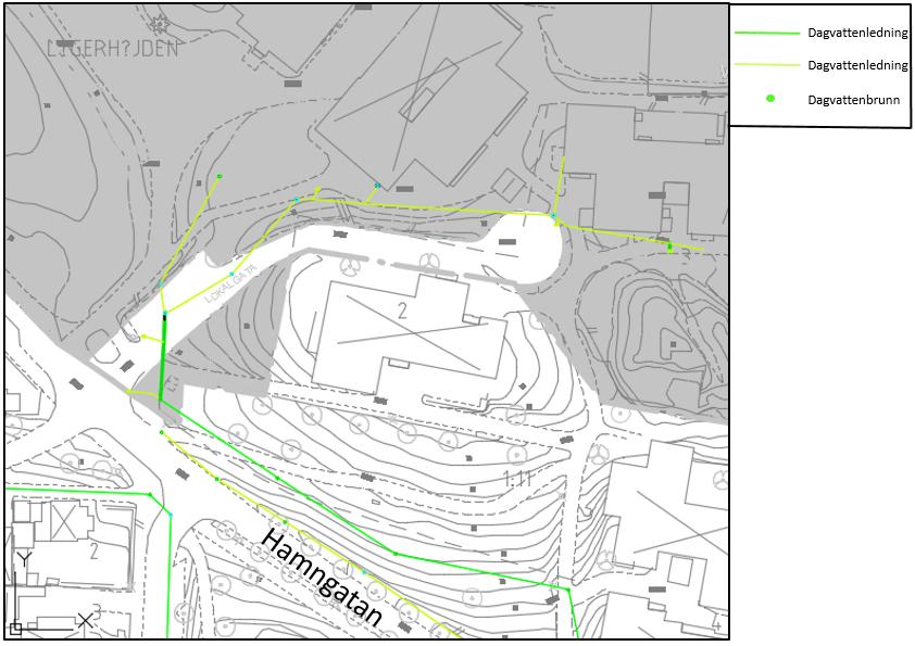 Figur 4. Befintligt dagvattensystem i Hamngatan 4 Beräknade flöden för nuläget 4.