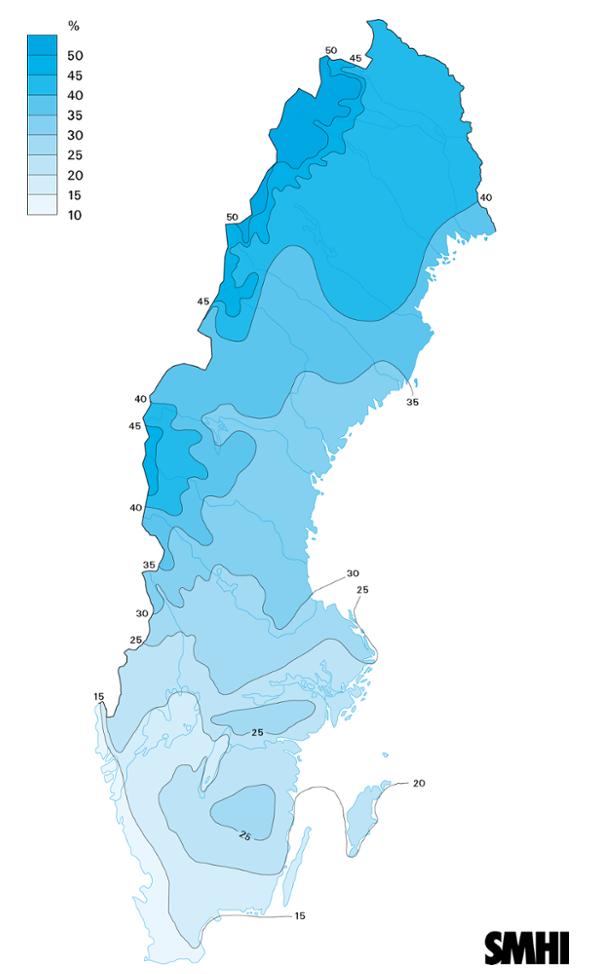 Figur 10. Klimatkarta som illustrerar andelen snö av årsnederbörden, medelvärde för den delen av WMO definierade normalperioden 1961-1990, SMHI.