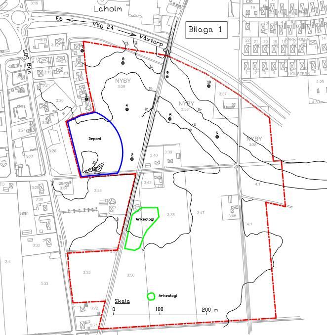 Figur 8: Bilden visar undersökningspunkter från den tidigare utförd geotekniska undersökningen i norra delen av planområdet samt placering av deponin och område för arkeologiska intressen.