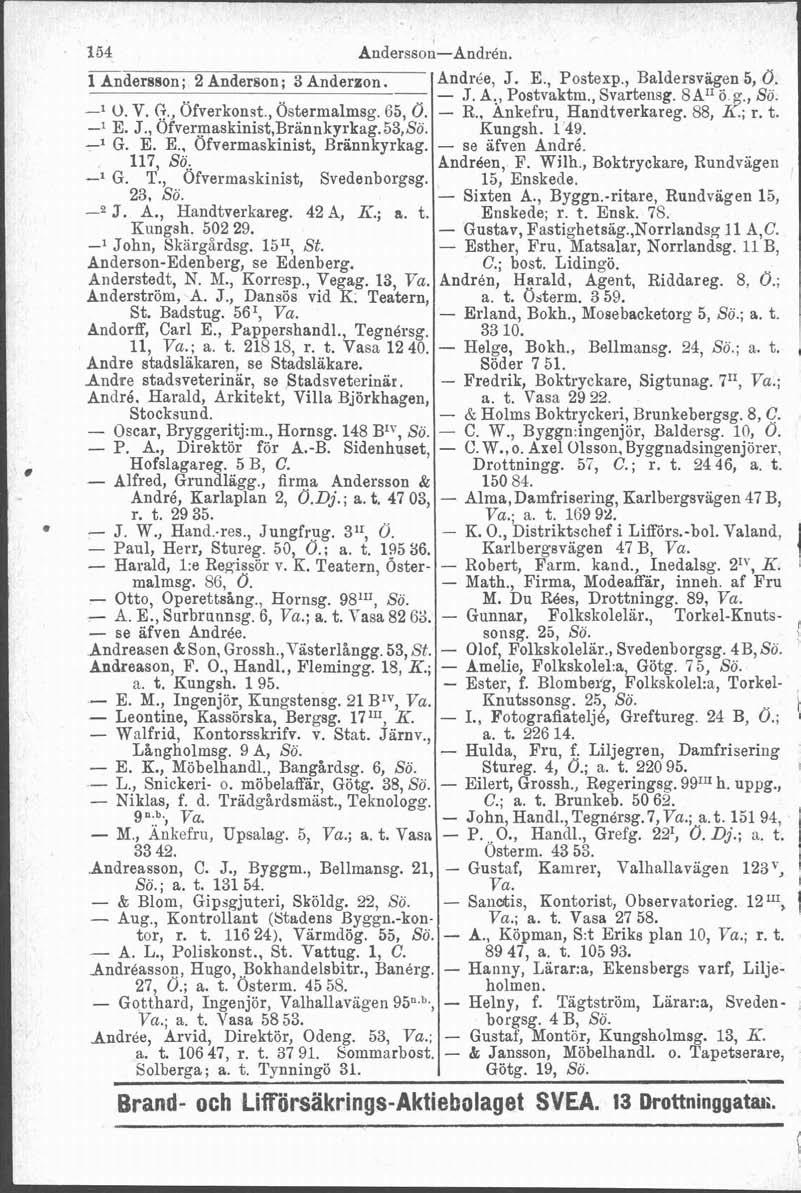 154 Andersson-Andrén. mndersson; 2 Anderson ; 3 Anderzon. Andrée, J. E., Postexp, Baldersvägen 5, 0. J. A., Postvaktm., Svartensg. 8An o g, So. -l O. V. G, Öfverkonst, Ostermalmsg. 65, 0. - R.