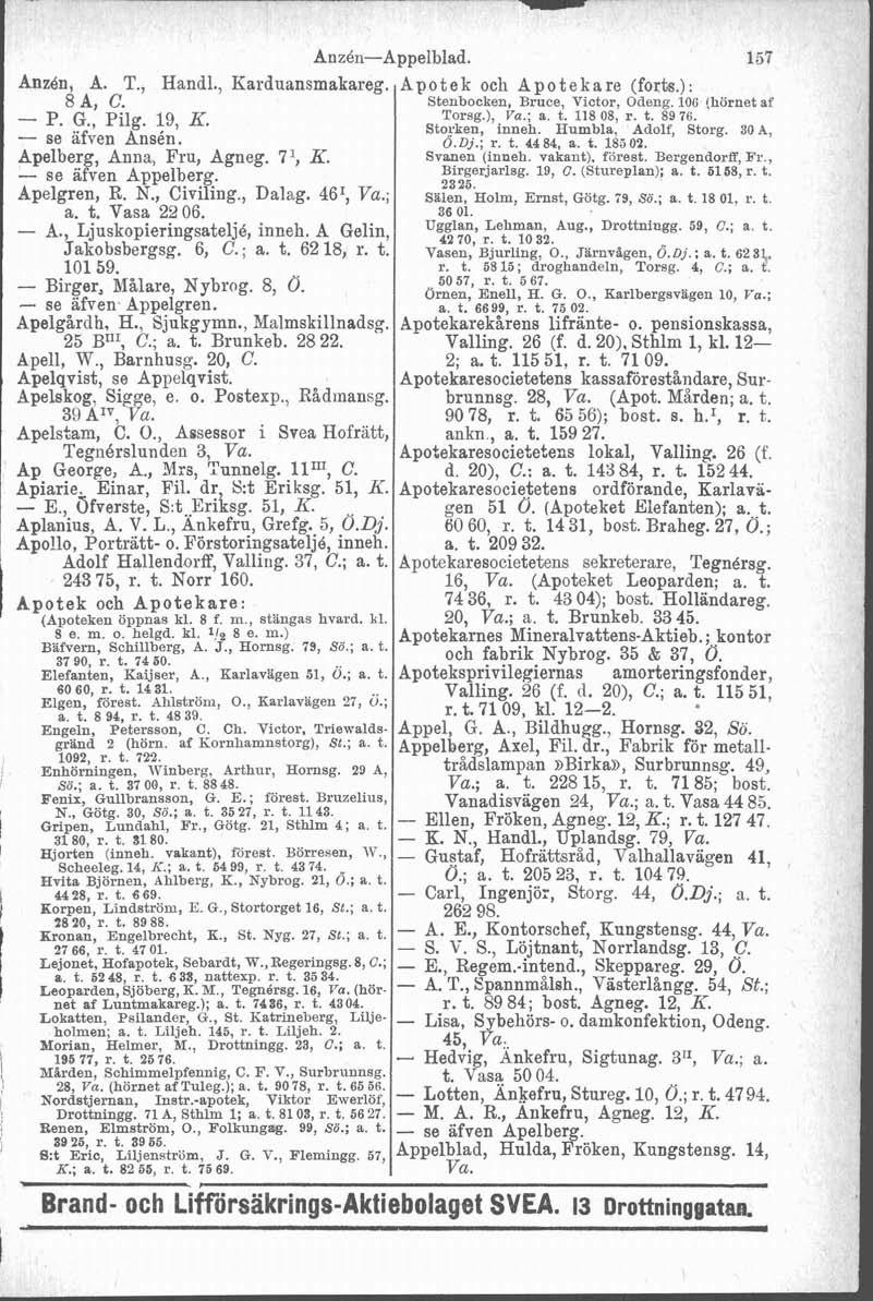 l Anzén-Appelblad. 157 AnzBn, A. T., Handl., Karduansmakareg. Apotek och A p o t e k are (forts.) : 8 A, C. Stenbocken, Bruce, Victor, Odeng. 100 (hörnet af P. G., Pilg. 19, K. Torsg.), Va.; a. t. 118 08, r.