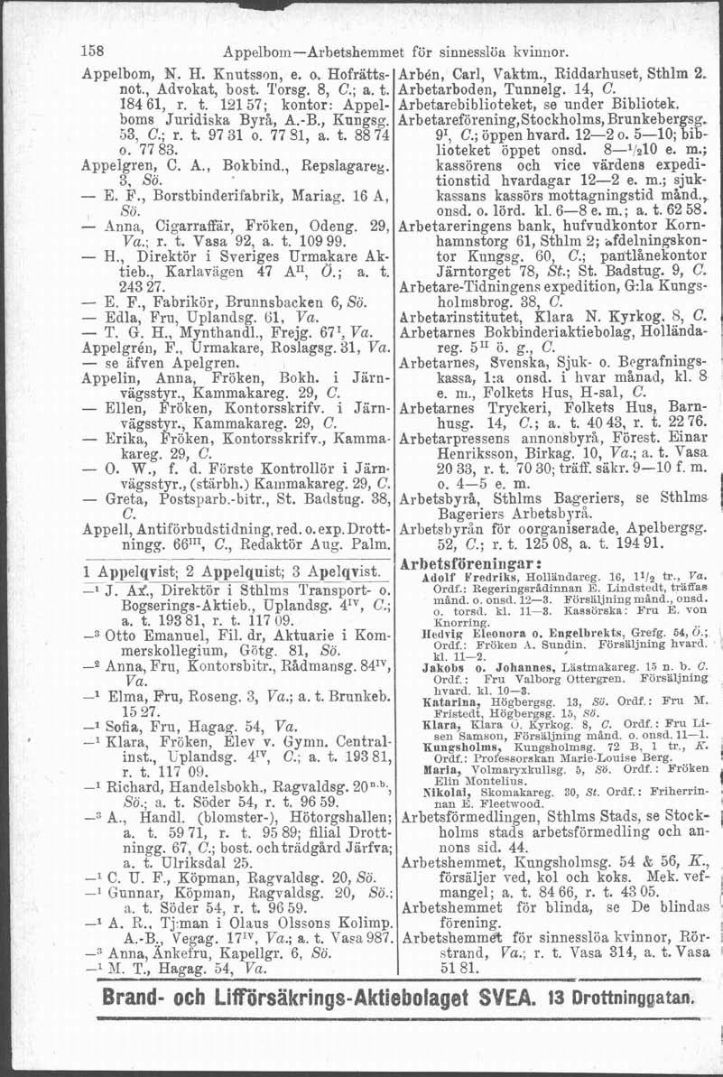 158 Appelbom-Arbetshemmet för sinnesslöa kvinnor. Appelbom, N. H. Knutsson, e. o. Hofrätts- ArbBn, Carl, Yaktm., Riddarhuset, Sthlm 2. not., Advokat, bost. 'I'orsg. 8, C.; a. t. Arbetarboden, Tunnelg.