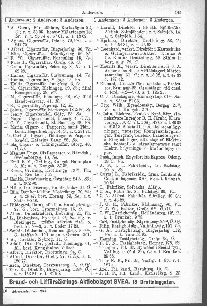 Anderssoh.. - -- IL Andersson; 2 Anderson; S Anderzon. 1 Andersson; 2 Anderson; 3 Anderron. -S A. Oscar, Börsmäklare, Karlavagen 22, -l Harald, Direktör i Stockh. Sjöförsakr. Ö.; r. t.