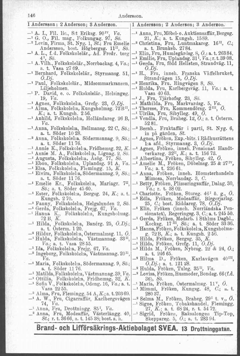 146 Andersson. - 1 Andersson ; 2 Anderson; 3 Anderson. 1 Andersson; 2 Anderson; S Anderzon. -l A. I., Fil. lic., S:t Eriksg. 901V, Va. -* G. O., Fil. mag., Folkungag. 97, So. Levin, Firma, St. Nyg.