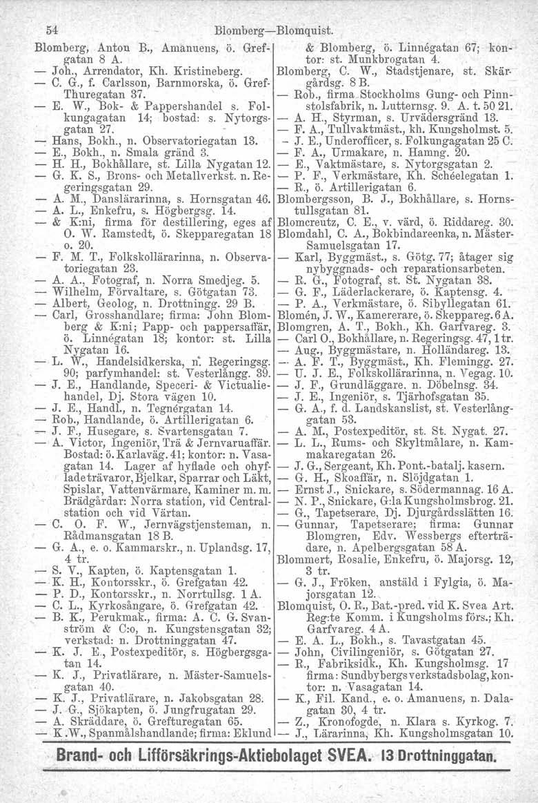 54 Bl~mberg-Bloniquist. Blomberg, Anton B., Amanuens, ö. Gref- & Blomberg, ö. Linnegatan 67; kongatan 8 A. tor: st. Munkbrogatan 4. - J oh., Arrendator, Kh. Kristineberg. Blomberg, C. W.