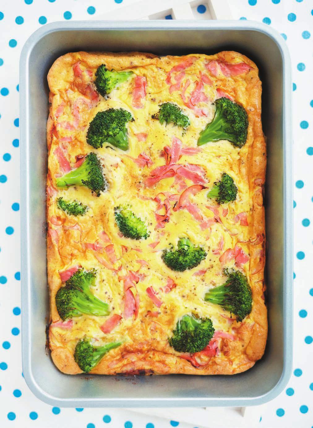 RECEPT 4 25 min 412 kcal/port Fett 41% Kolhydrater 32% Protein 27 % Omelett med skinka och broccoli Lättlagad, god och nyttig ugnsomelett.