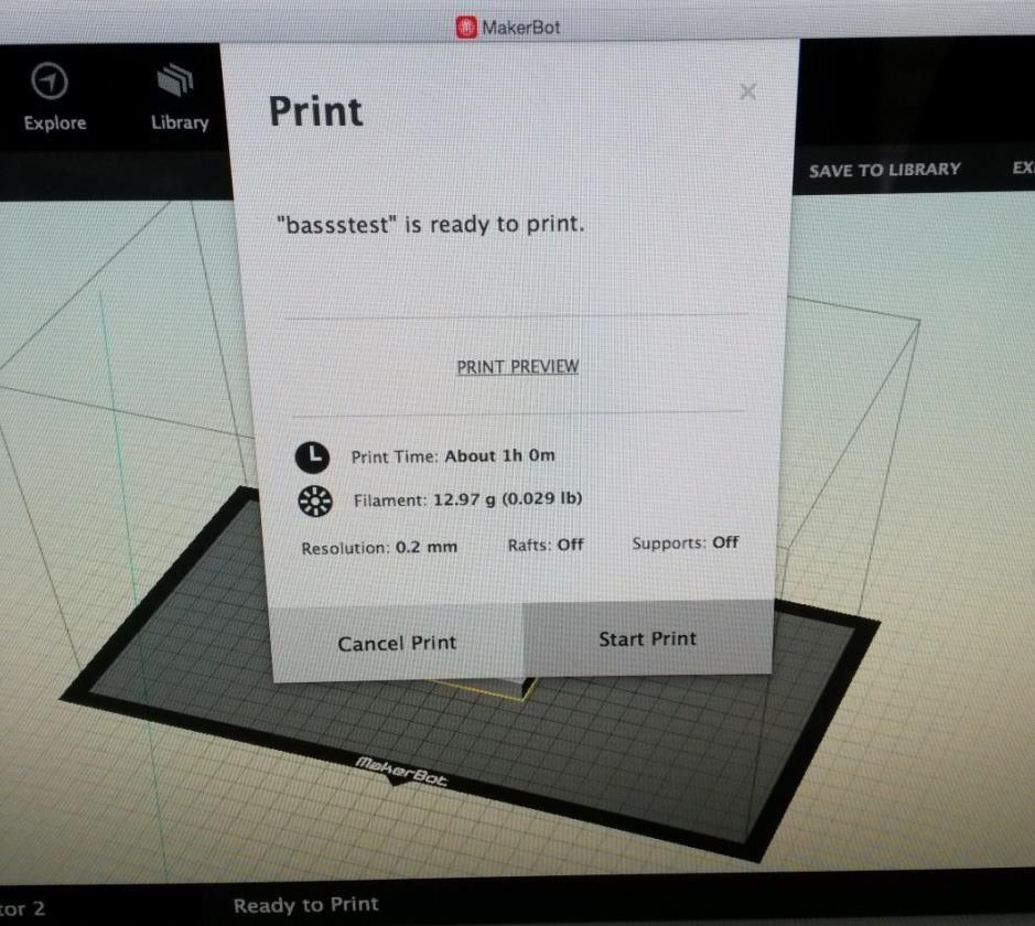 Figur 23: Programvaran för MakerBot. Information gällande tid och materialåtgång innan modellen skrevs ut.