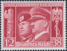 Mussolini är här avbildad med Hitler på ett frimärke utgivet av Nazi tysk - land 1941.