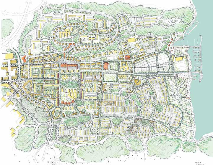 illustration stadsbyggnadsidé Illustrationen visar en helhetsbild över hur Alby kan se ut efter ett genomförande av idéer om ny bebyggelse och utveckling av stadsmiljön.