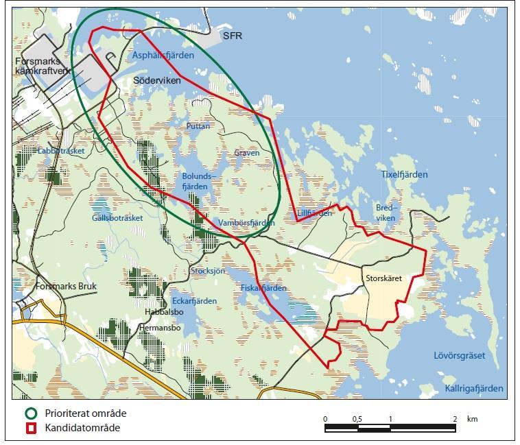 Figur 2. Kartan visar de områden som anses geologiskt lämpliga för slutförvaret av utbränt kärnbränsle mellan Forsmarksverket och Kallrigafjärden, d.v.s. kandidatområdet samt det prioriterade området för platsvalet (SKB, 2010).