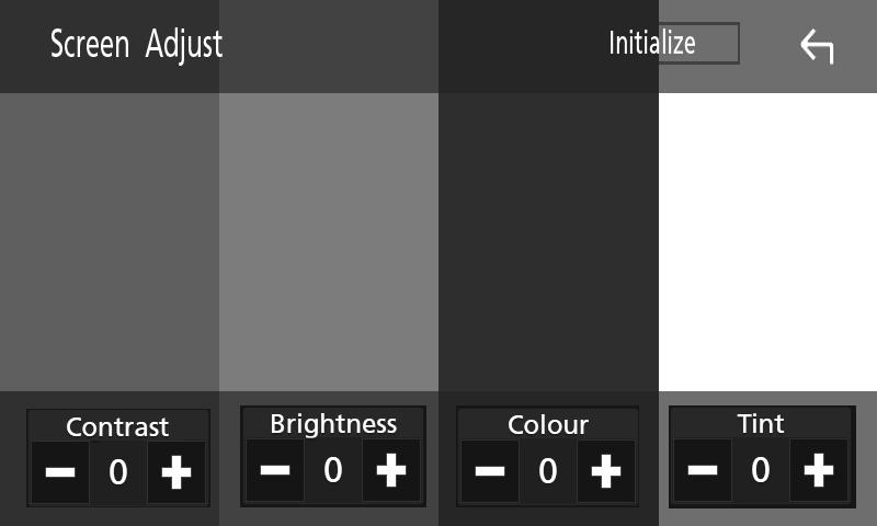 3 Ställ in varje funktion som följer. Contrast / Brightness / Colour / Tint Justera varje punkt. De punkter som kan justeras varierar beroende på den aktuella källan.