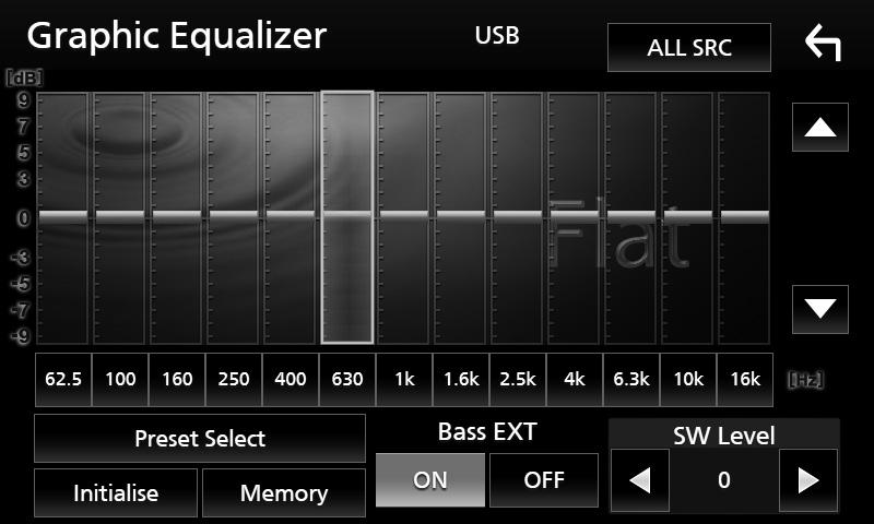 Ljudkontroll Equalizerkontroll Du kan justera equalizern genom att välja den optimerade inställningen för varje kategori. 1 Tryck på knappen [ ]. 2 Tryck på [ ]. 3 Tryck på [Audio].