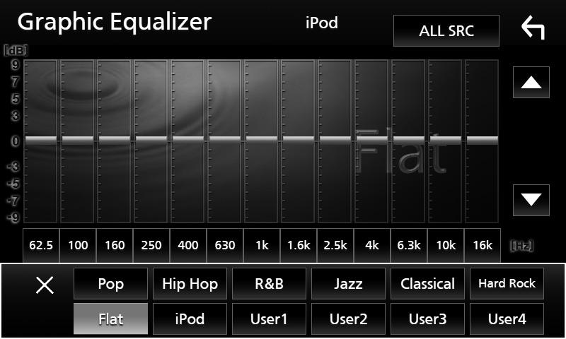 ÑÑHämta EQ-kurvan 1 Tryck på [Preset Select]. 2 Välj EQ-kurva. 5 Tryck på skärmen och ställ in Graphic Equalizer som du önskar. [ipod] är bara tillgängligt när ipod är källan.