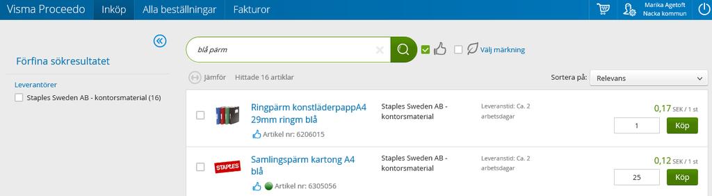 5 (22) 3. Söka efter varor Skriv in varans namn i sökfältet t ex blå pärm (du kan söka på flera ord) och nu söker systemet efter varorna.