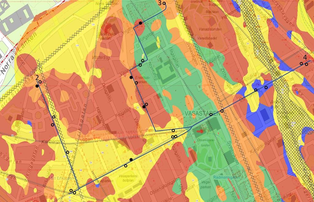 Figur 7:1 Byggnadsgeologisk karta. Kartan är tagen från Stockholms stads geoarkiv [19]. Eftersom det finns olika typer av konstruktionsbeläggning har de delats upp i tre tabeller.