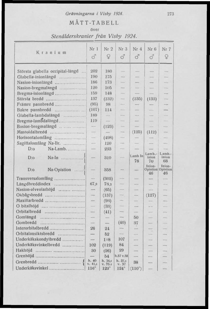 Grävningarna i Visby 1924. MÅTT-TABELL över Stenälderskranier från Visby 1924.