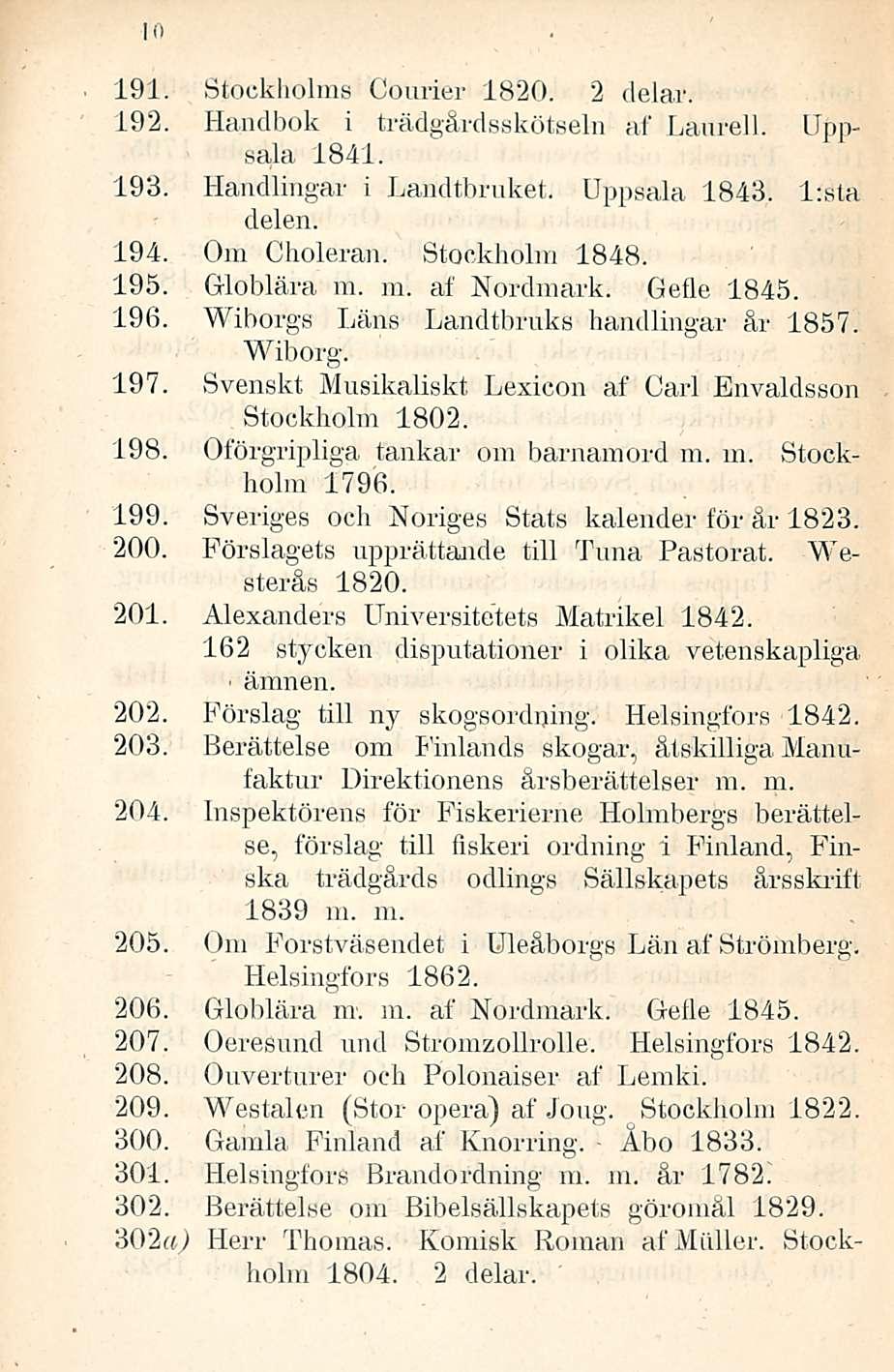 10 191. Stockholms Courier 1820. 2 delar. 192. Handbok i trädgårdsskötseln sala 1841. af Laurell. Upp- 193. delen. Handlingar i Landtbruket. Uppsala 1843. lista 194. Om Choleran. Stockholm 1848. 195.