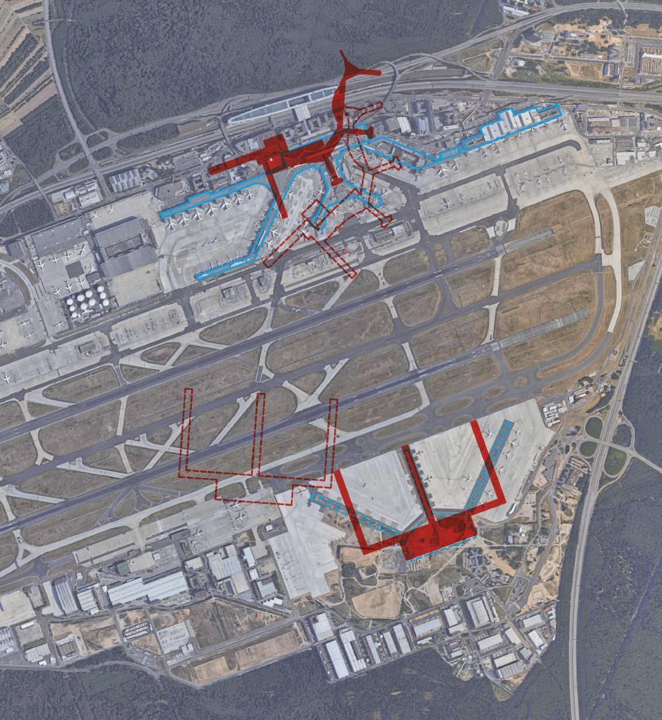 RAPPORT 2018-10-08 01.00 9(27) Figur 3.2 Jämförelse av terminalkropp och avstånd mellan terminalbyggnader för Frankfurt Airport (blå figur) och Arlanda 2070 (röd figur) 3.
