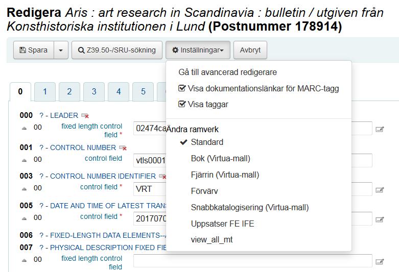 *Första gången du redigerar en bibliografisk post hamnar du eventuellt i den grundläggande