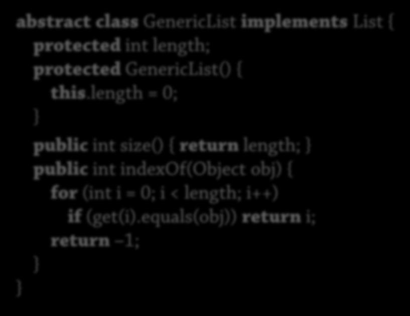 Konstruktorer i abstrakta klasser 74 abstract class GenericList implements List { protected