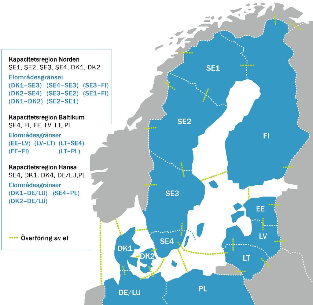 Figur 7 Kapacitetsregioner och elområdesgränser Baltic Cable AB, som äger överföringsförbindelsen Baltic Cable mellan Sverige och Tyskland, är inte ett certifierat transmissionsnätsföretag.