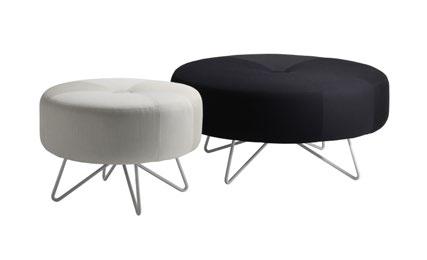 Ø69cm and Ø102cm, with frame in steel wire. Frame in standard (black, white or silver), chrome, or. Seat with wood base and cold foam upholstered in standard or c.o.m. Can be upholstered with center button in deviant fabric/ colour or with multiple.