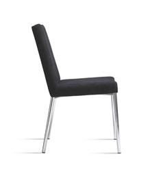Chair and armchair with frame in metal in standard (black, white or silver), chrome, or. Seat/back with wood base and cold foam.