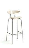 Barstool in 2 heights with frame in tubular steel in standard (black, white or silver), chrome, or. Seat and back in compression moulded birch veneer, oak veneer or stain.