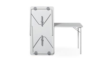 Folding table in multiple sizes with frame in tubular steel in standard (black or white) or chrome. Table top in infiniti laminate from Formica in black, white or light gray.