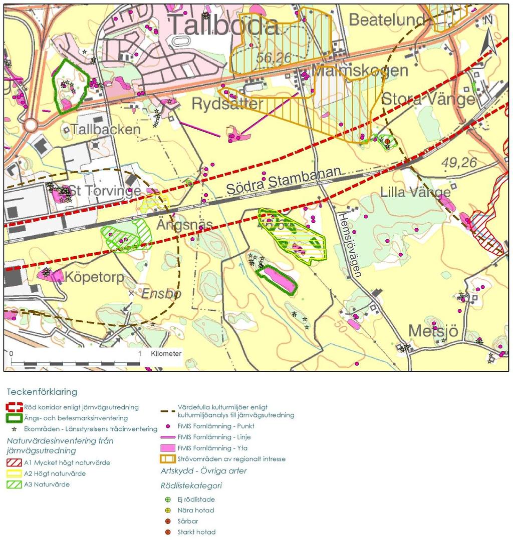 Figur 13 Karta över viktiga kultur- och miljövärden. 4.2.6 Friluftsliv och rekreation Inom aktuell del av korridoren finns inga riksintressen för friluftsliv.