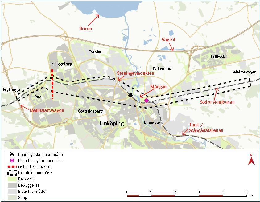 Figur 2 Kartan visar utredningsområdet för den kompletterande järnvägsutredningen JU 2014. I väster avgränsas utredningsområdet av Malmslättsvägen.