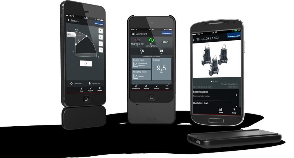 GRUNDFOS GO REMOTE FÖR SEG AUTOADAPT Grundfos GO Remote är marknadens mest omfattande plattform för mobil pumpstyrning och driftassistans, inklusive dimensionering, utbyte av pumpar och åtkomst till